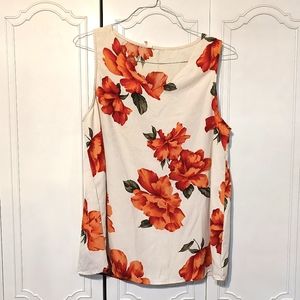 Cream sleeveless blouse with red and pink flowers scalloped neckline floral